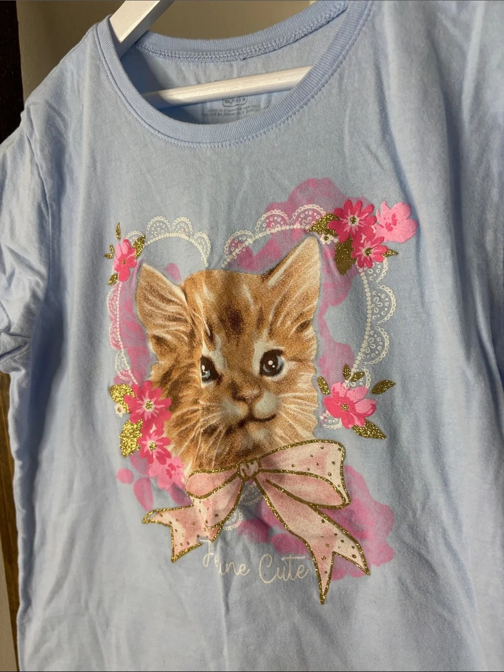 The Children's Place Light Blue Kitten Graphic Tee with Pink Floral Accents